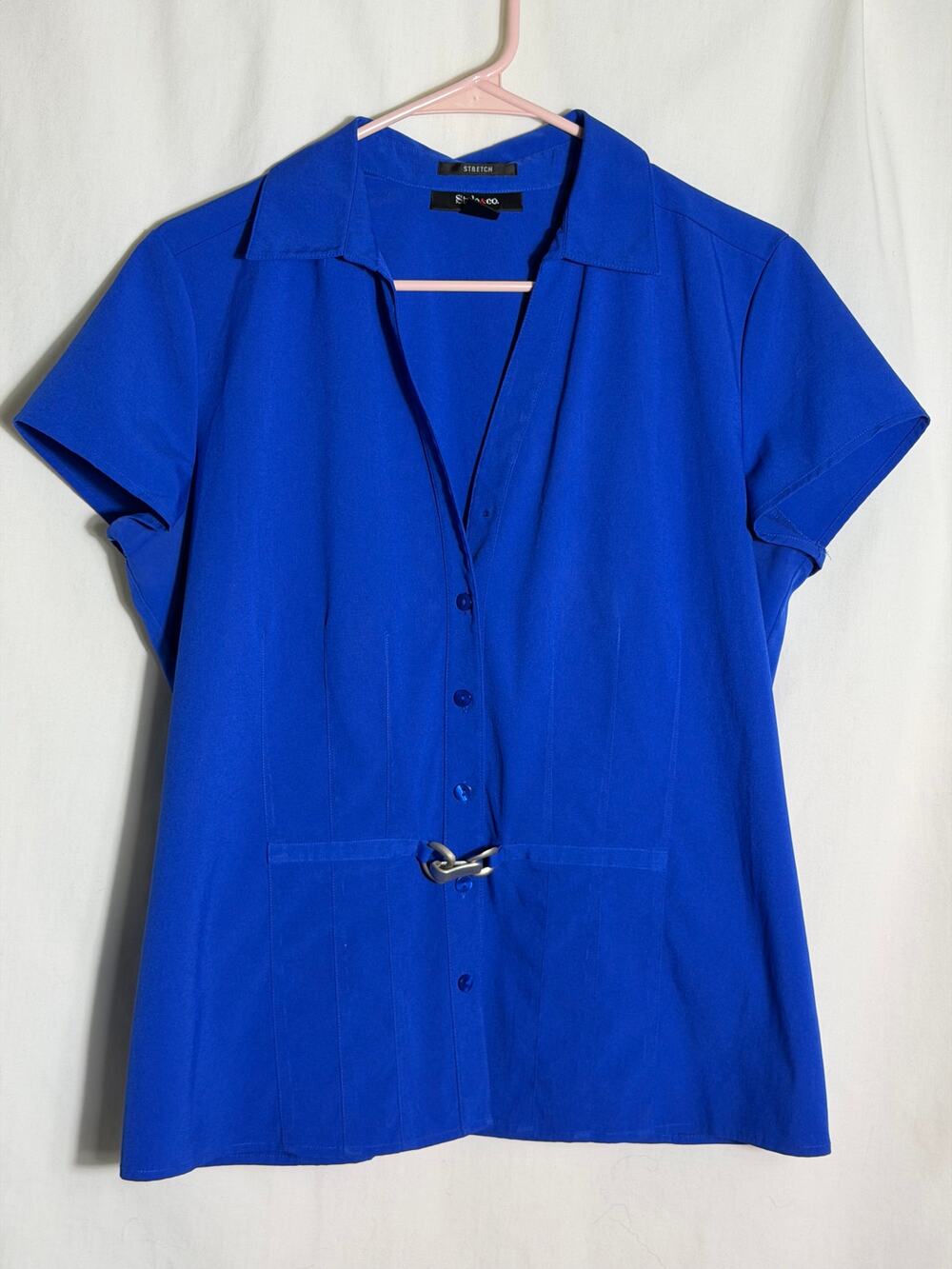 Style & Co Cobalt Blue Stretch Button Front Blouse Buckle Detail Women's Size 10